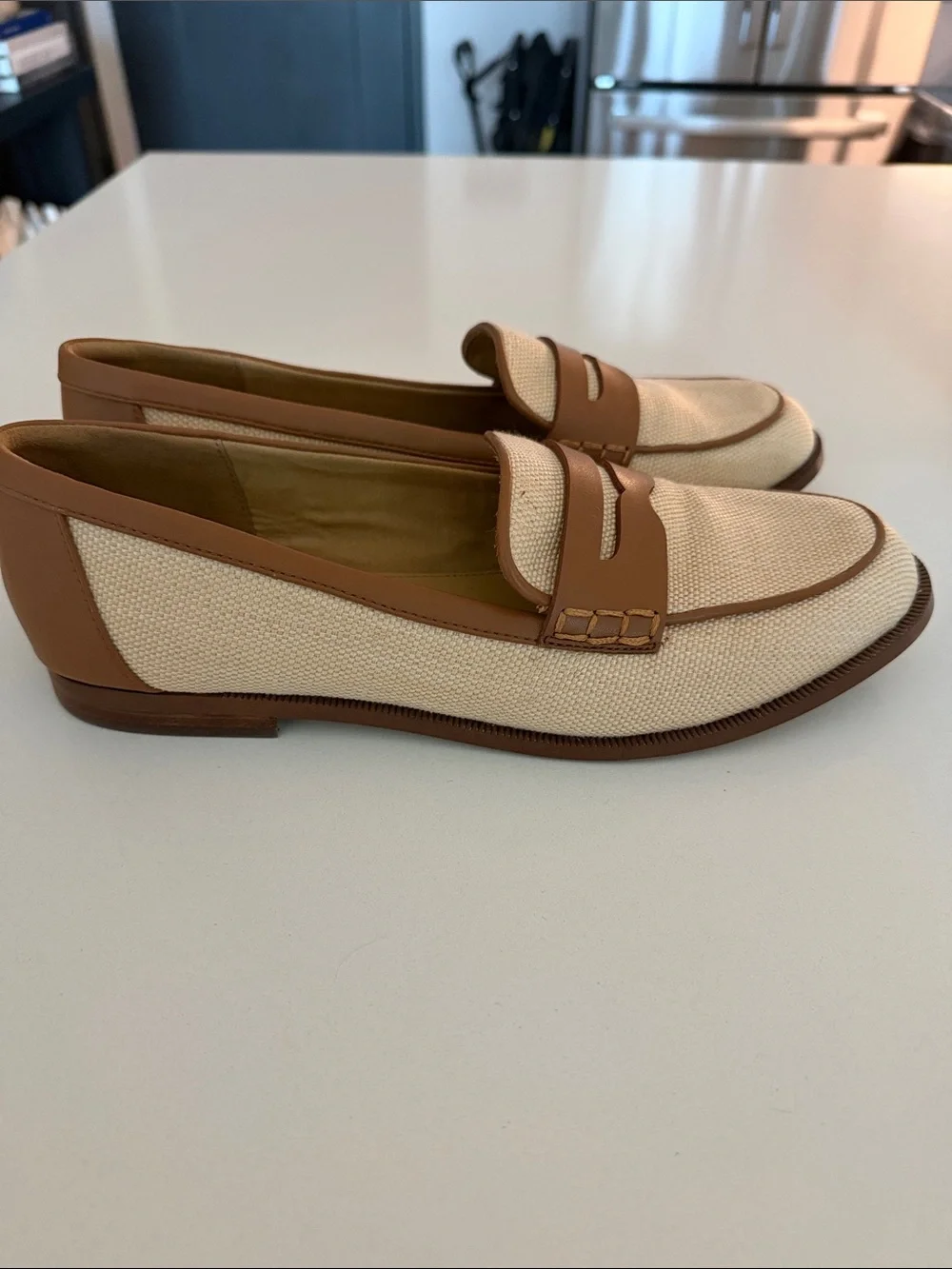 J. Crew Cream Canvas and Brown Leather Penny Loafers